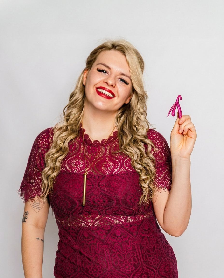 Dr. Amber Mallery in a maroon lace dress, warm and confident studio portrait