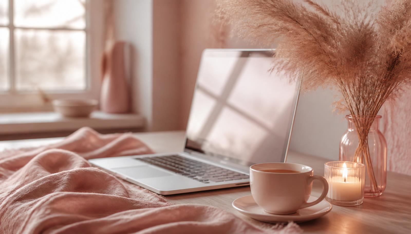 A softly lit desk with an open laptop, candle and tea, set up for a cosy online intimacy class