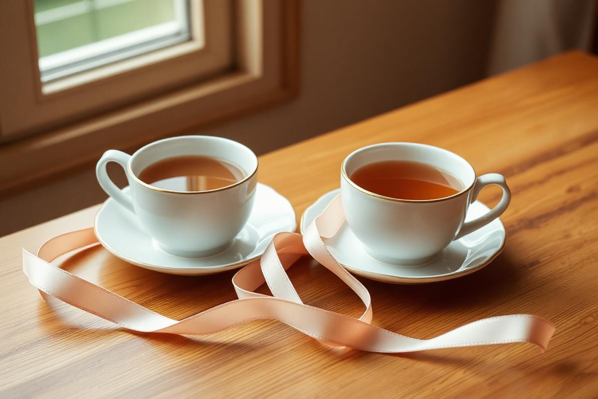 Two cups of tea side by side on a warm wooden table with ribbon