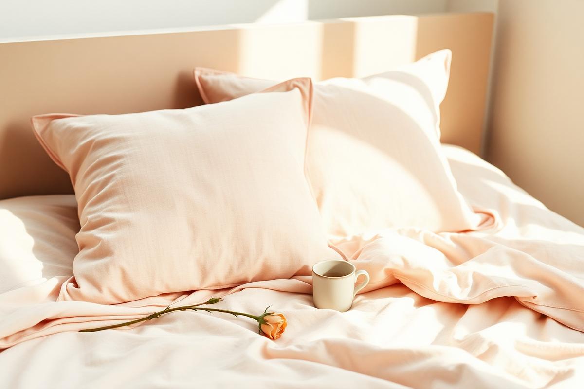 Sunlit blush bed linen with a single rose and a cup of tea