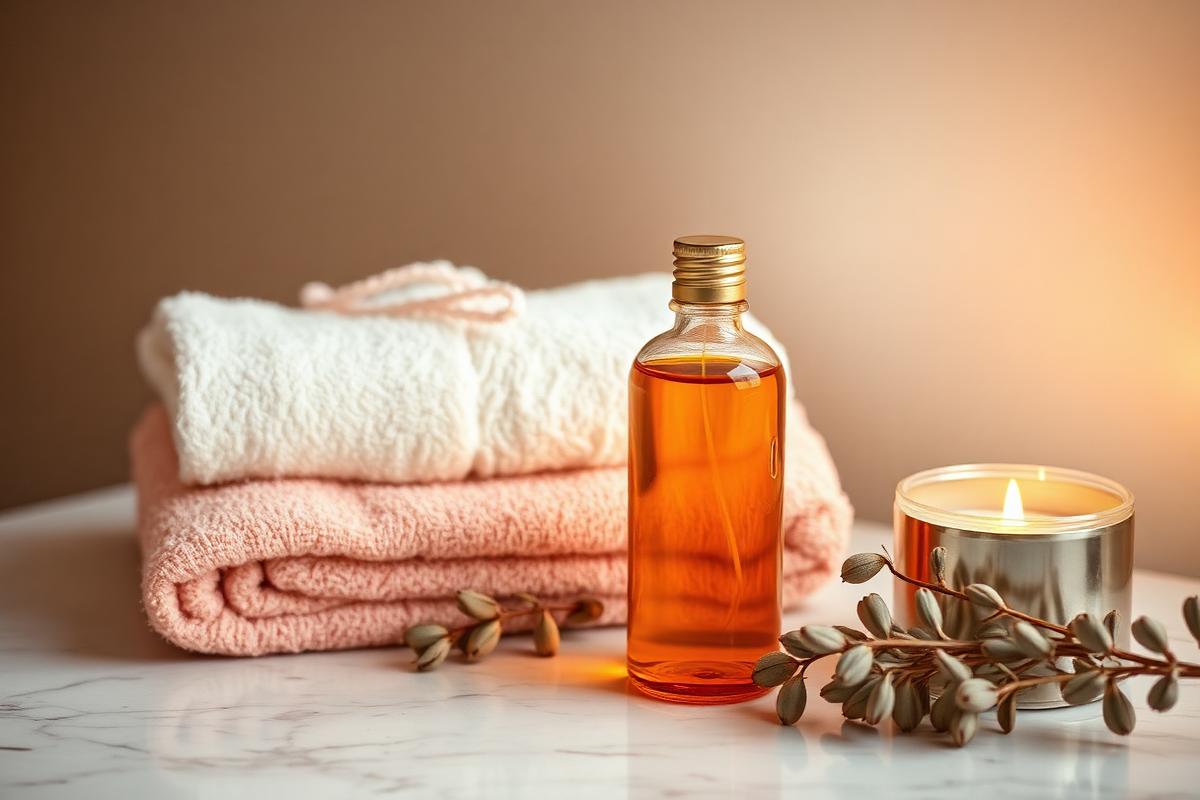 Amber massage oil bottle, soft towels and a lit candle on marble