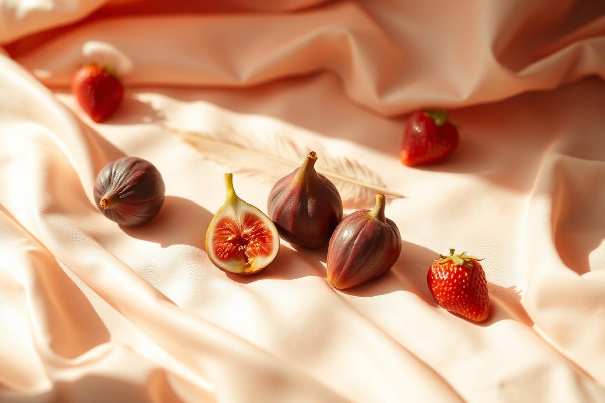 Figs, strawberries and a feather on cream silk in warm light