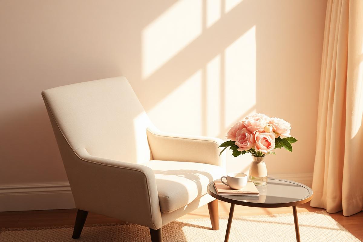 A cream armchair in a sunlit room with peonies and a cup of tea